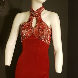 Red evening gown with sequin detail